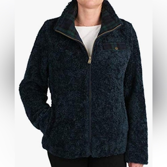 Pendleton Women's Navy Sherpa Jacket Plaid Trim Detail Size L - Picture 1 of 16